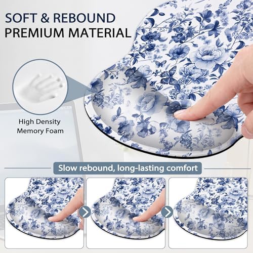 Ergonomic Keyboard and Mouse Wrist Rest Set, Blue Butterfly Flower Berry Mouse Pad with Non Slip Base, Soft Cloth Surface for Office and Home Typing Support