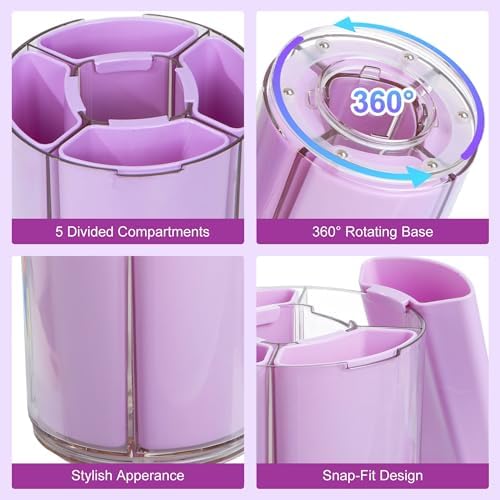 Comix 360° Rotating Pen Holder for Desk, Purple Pencil Holder with 5 Slots