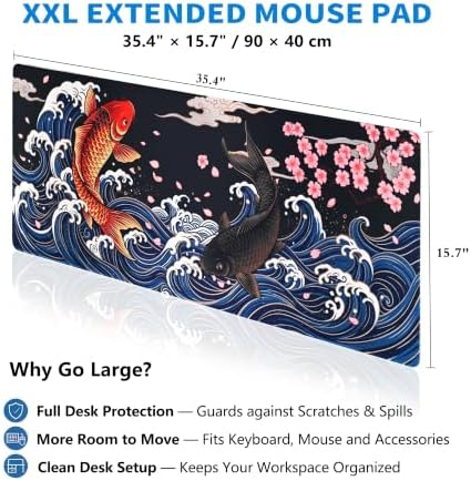 Extended Koi Fish Desk Mat, XXL Large Gaming Mouse Pad, Japanese Great Wave Sakura Stitched Edges Waterproof with Non-Slip Rubber Base for Computer Keyboard Laptop Work Home Office 35.4"x15.7"