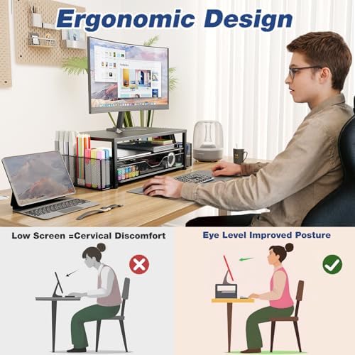 OPNICE Desk Organizers and Accessories, Computer Monitor Stand Riser with Drawer and 2 Pen Holders, Printer & Laptop Stand, Office Desk Accessories & Workspace Organizers for Home Office Supplies, Blue