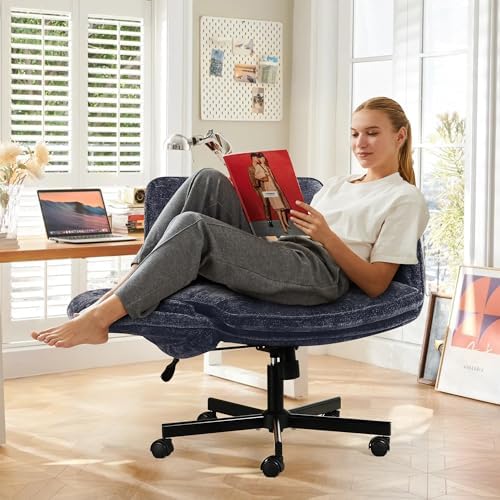 Criss Cross Chair with Wheels & Arms, Chenille Cross Legged Office Chair with 5-level Folding Armrest, Comfortable Adjustable Swivel Vanity Chair for Home, Make Up, Bed Room, Office, Accent (Blue)