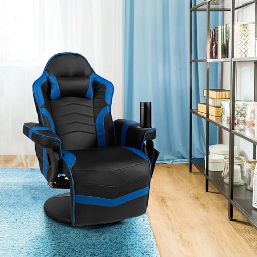 GYMAX Gaming Chair with Footrest, Massage Video Game Chairs for Adults with Remote, Adjustable Backrest, Headrest, Cup Holder & Side Pocket, Ergonomic High Back Office Computer Chair (Navy)