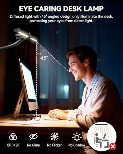 LED Desk Lamp for Home Office, Stepless Dimming Architect Lamp with Clamp