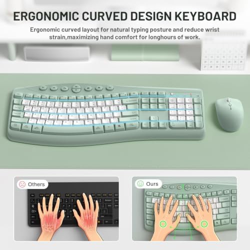 Wireless Keyboard and Mouse Combo Silent Ergonomic Curved Design for Office