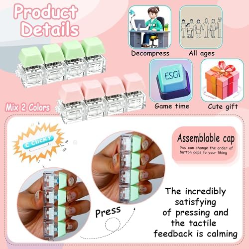 2 PCS Keyboard Fidget Toy, Keyboard Fidget Keychain 4-in-1 Keyboard Decompression Button Finger Clicker Toys, Button Stress Relief Fidget Gifts to Relief Stress (Green Pink)