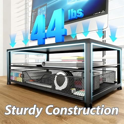 OPNICE Desk Organizer and Accessories, 2-Tier Computer Monitor Stand Riser with Drawer and 2 Pen Holders, Laptop Stand, Office Desk Accessories for Office Supplies, Soft Black