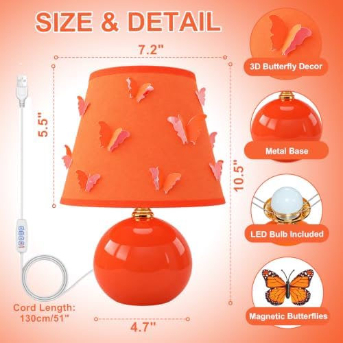 3D Butterfly Lamp, Small Orange Lamp with DIY Butterfly Decor (Orange)