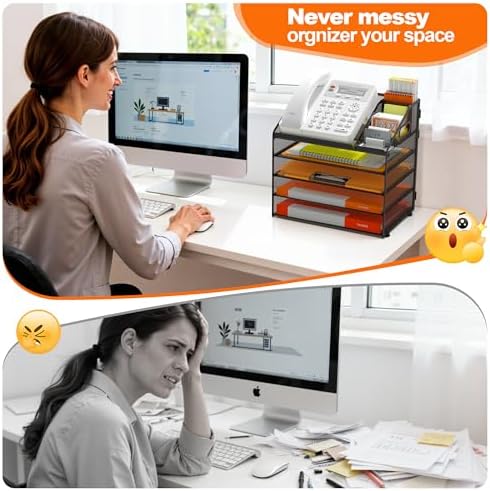 DocNest 5 Tier Metal Mesh Desk File Organizer with Phone Shelf, Black