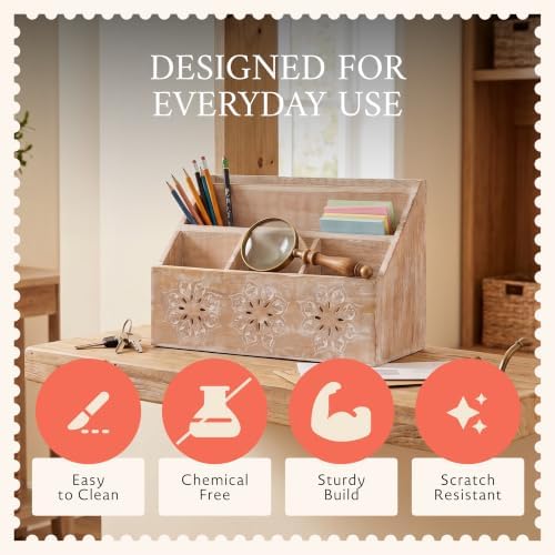 Mela Artisans Serena Mango Wood Desk Organizer - Whitewash, 13 in
