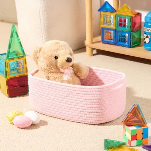 MiniArk Small Storage Baskets for Organizing | Closet Organizer Bins | Shelf Toy Basket | Woven Rope Baskets | Cube Decorative Box | Shallow Basket | 13x8.5x5.1” | 3 Packs Light Pink