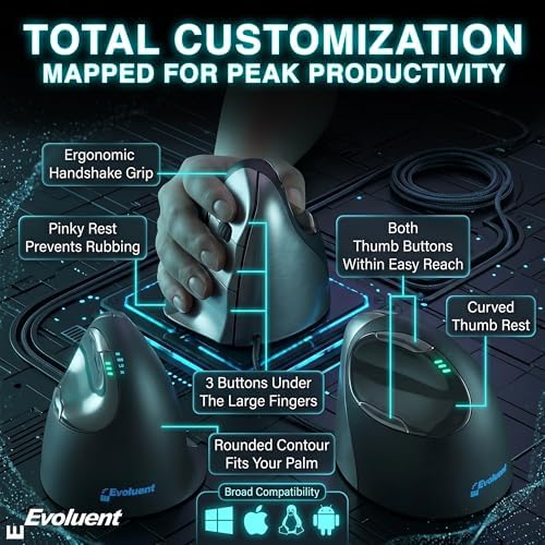 Evoluent – World's Original Vertical Mouse, Wired Ergonomic Mouse for Right Hand, Medium to Large, Helps with Carpal Tunnel and Wrist Strain, Customizable 6 Buttons, 4 Speed Settings, Comfortable Grip