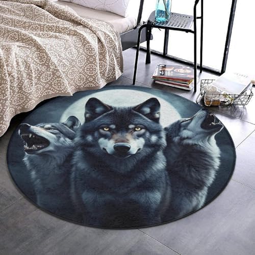Fashion Round Area Rug Large Non Slip Carpet, Full Moon Wolf Unisex Home Decor Mat