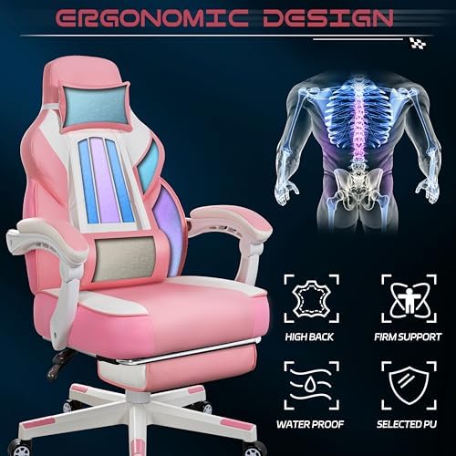 Gaming Chair for Adults, Video Game Chair with Footrest, Big and Tall Gaming Chair Heavy Duty Computer Chair with Massage Lumbar, Ergonomic Adjustable Height and 360° Swivel Seat, PU Leather, Pink