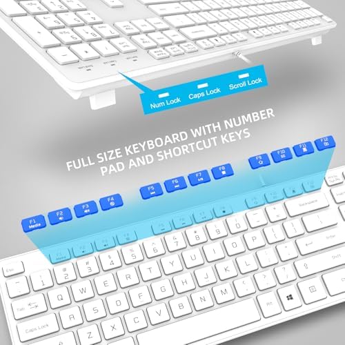 Wired USB Keyboard, Comfortable Quiet Chocolate Keys, Durable Ultra-Slim Computer Keyboard Wired(QWERTY) for PC, Windows 11/10/8/7/XP/Vista KB1430 (White, Wired Keyboard for Windows)