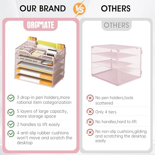 5 Tier Paper Letter Tray Desk Organizer with Pen Holders - Pink