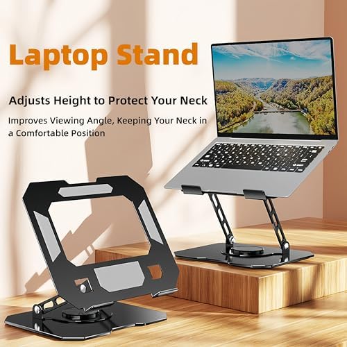Laptop Stand for Desk - Ergonomic All Metal Alloy Computer Riser, 360° Rotating & Adjustable & Foldable, with Large Hollow Cooling, Stable Holder for MacBook, Dell, HP, Notebook(10-17"), Blk