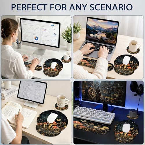 Mushroom Ergonomic Memory Foam Wrist Rest Set for Keyboard and Mouse,Flower Butterfly Moon Supportive Mouse Pad with Non Slip Base for Office Work and Gaming