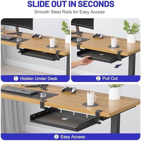 BYMECOST Sliding No Drill Under Desk Laptop Mount, Metal Storage Shelf