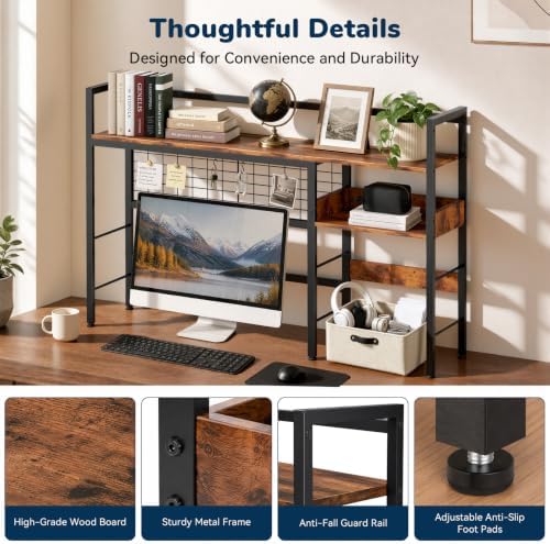 Desk Shelf, 44.9" Desk Hutch with Pegboard Hooks Set, Rustic Brown