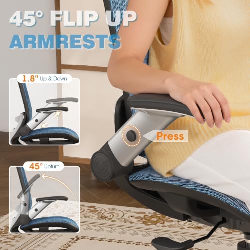 GABRYLLY Ergonomic Office Chair, High Back Home Desk Chair with 2D Flip-Up Arms, 3D Headrest, 90-120° Tilt and Wide Cushion, Big and Tall Mesh Chairs for Man Woman, Blue Computer Task Chair