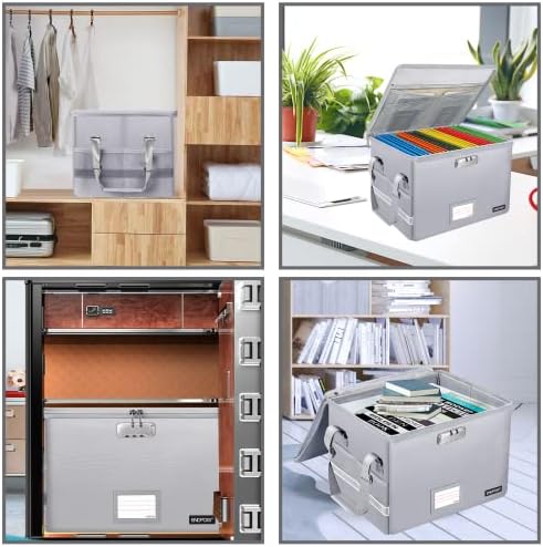 ENGPOW File Box with Lock, Fireproof Document Box with Pockets, Collapsible File Organizer Filing Storage Cabinet with Handle, Portable Home Office Safe for Hanging Letter/Legal Folders,Silver,2 Pack
