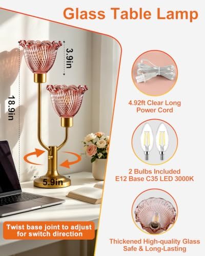 Flower Glass Table Lamp for Bedroom Dimmable Vintage Pink Lamp Gift