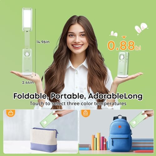 VAVOFO Cute Bunny Desk Lamp, Foldable LED Rechargeable Eye-Caring Reading Light, 3 Color Modes Dimmable Night Light for Kids Girls Bedroom Study Dorm Room (Mint Green)