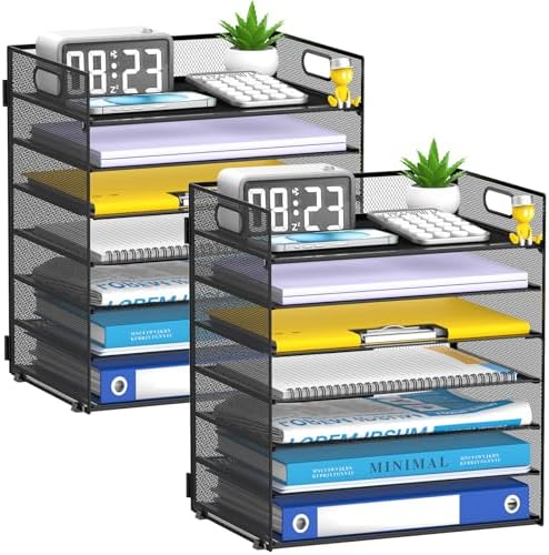 7 Tier Paper Organizer for Desk with Mesh Letter Trays and Handle 2 Pack