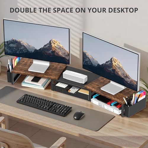 OPNICE Desk Organizers and Accessories, Dual Monitor Stand Riser with Drawer and 2 Pen Holders, Desk Shelf Printer Stand for Office Workspace Organizers, Desktop Organization (Rustic Brown)
