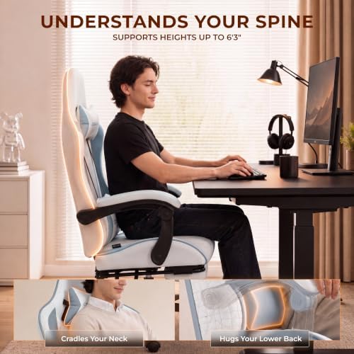 Dowinx Gaming Chair with Footrest, Ergonomic Office Chair, White Blue
