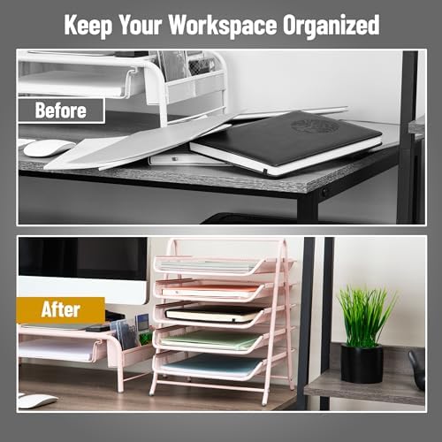 Mind Reader 5-Tier Paper Tray Organizer, Vertical Desktop File Storage Rack, Office, Metal Mesh, Pink