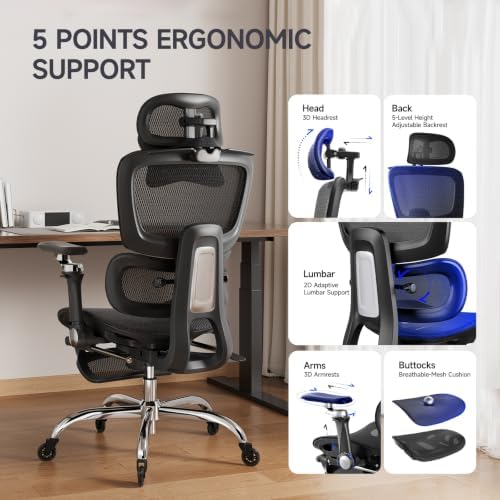 Office Chair with Footrest, Ergonomic Chair with 3D Headrest, Computer Chair with Adjustable Backrest & 6D Armrest, Gaming Chair with Adaptive Lumbar Support, Adjustable Seat Depth, Black