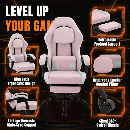 Video Gaming Chair, Ergonomic Office Chair with Footrest, Lumbar Support and Linkage Armrests, Swive Home Video Game Chairs for Adults, Pink