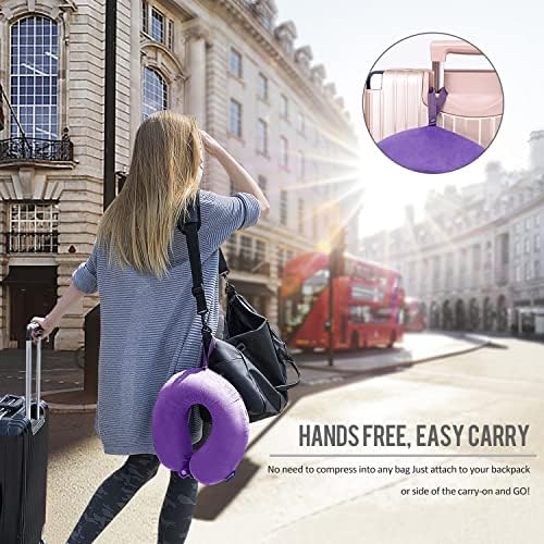 Neck Pillow for Travel Memory Foam - Airplane Pillows for Sleeping with Attachable Snap Strap Soft Washable Cover, Flight Pillow for Traveling, Car, Home, Provide Head Neck Support Rest Purple