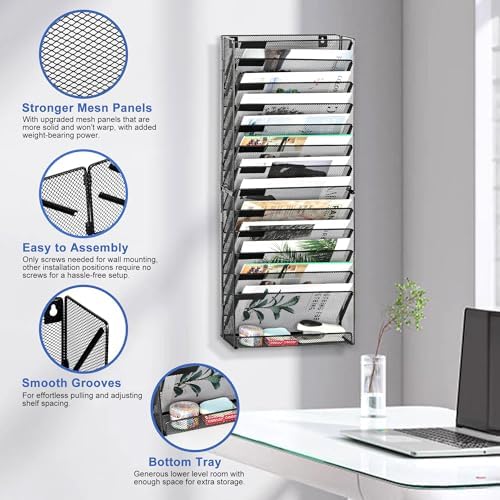 EasyPAG Wall File Holder 14 Tier Mesh Hanging Folder Organizer with Flat Tray Wall Mounted Mail Organizer Magazine Paper Desk Shelf with Nametag Label for Office Home School, Black