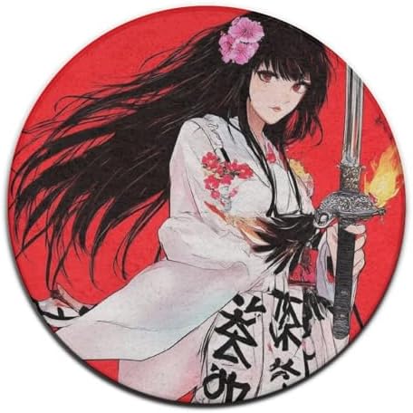 Home Decor Non Slip Kitchen Office Circle Rug, Machine Washable Modern Round Area Rug, Room Sofa Yoga Soft Round Carpet Japanese Samurai Anime Girl Art, 24inch