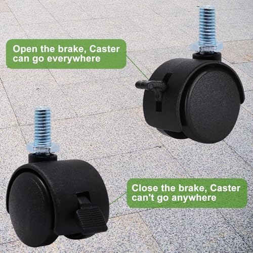 1 Inch Swivel Caster Wheels with Brake, M8 Threaded Swivel Casters Set of 4, Black Nylon Replacement Casters Wheels for Furniture Table Cabinet Office Chair