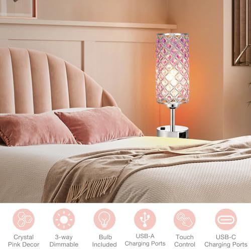 Hong-in Crystal Lamps Set of 2, 3 Way Dimmable Touch Lamp with Crystal Shade, Bedside Nightstand Lamps for Living Room Bedroom Home Office(Purple)