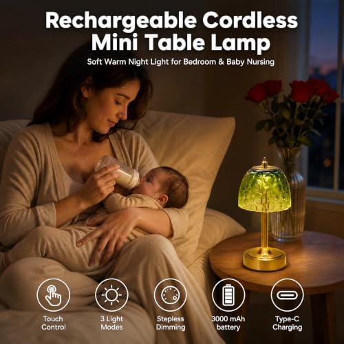 Mini Rechargeable Cordless Touch Table Lamp, Battery Powered, Green Bubble Glass Shade, 2600mAh, 3 Color Temperatures, Stepless Dimming, for Bedside Dresser Bookshelf