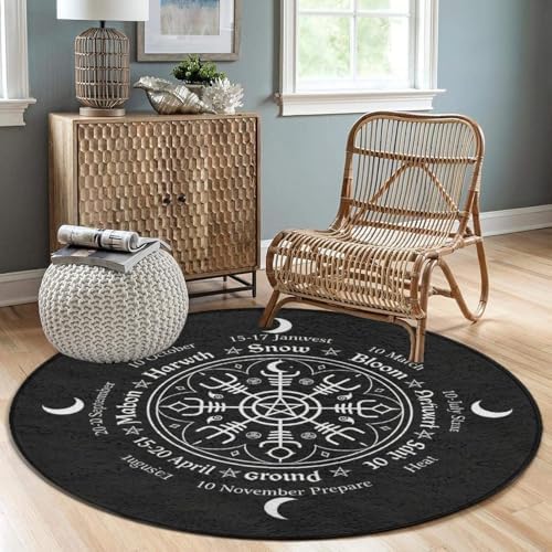 Large Home Decor Mat, Soft Round Yoga Carpet, Non-Slip Machine Washable Home Office Circle Rug Compatible with Norse Viking Vegvisir Compass Goth Pentagram