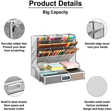 Marbrasse Larger Mesh Desk Organizer with Drawer, Multi-Functional Pen Pencil Holder, Desk Organizers and Accessories for Office Art Supplies (Silver Mesh Pen Holder with Drawer)