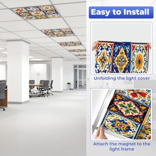 6 Pcs Fluorescent Light Covers for Ceiling Lights Mexican ceramic Ethnic Magnetic Light Filters Decorative for Classroom Office Hospital Home 4x2 Ft