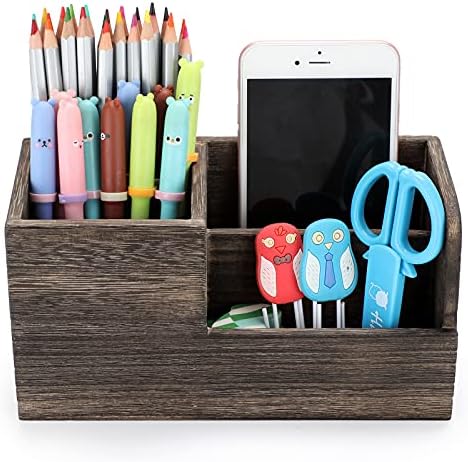 BTSKY Desk Pen Pencil Holder Retro Wood Multi-Function Desk Stationery Organizer Storage Box Pen/Pencil, Business Name Cards Remote Control Holder Office Home Accessories Organizer Vintage Brown