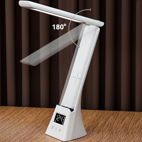 IHAO 3in1 Foldable Eye-Care Desk Lamp with 15W Wireless Charger & Digital Clock Touch Control, 3 Color Temperatures, Alarm, 180° Foldable, Phone Stand, Modern LED Table Lamp TYV-2088 White