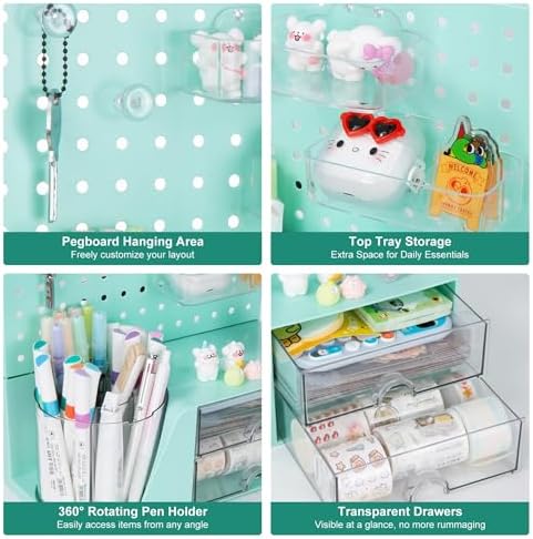 Comix Desk Organizer with 2 Drawer, Green 360° Rotating Pen Holder for Desk