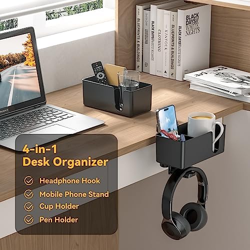 KDD 4 in 1 Desk Cup Holder - Clamp on Under Desk Headphone Hanger - Rotating Headphone Holder Detachable Pen Cup Holder Desktop Storage for Cup, Phone and Pen(Black)