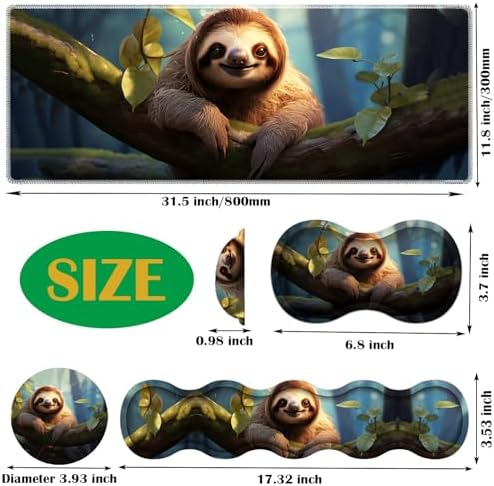 4 in 1 Mouse Pad Combo, Large Gaming Mouse Pad + Keyboard Wrist Support + Mouse Wrist Rest + Coaster, Table Pad with Stitched Edge Ergonomic Wrist Pad Set, Sloth