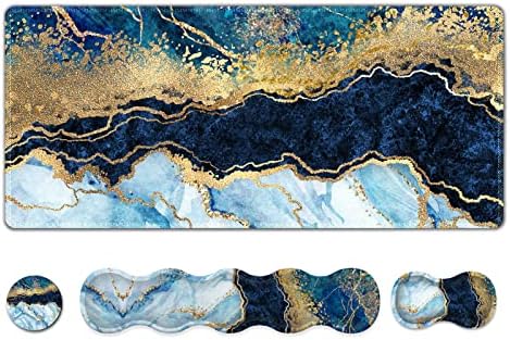 Upgraded Extended Gaming Mouse Pad, Keyboard Wrist Rest Pad, Wrist Support Mousepad Set, Artso Large Stable Rubber Base Stitched Edges, Multifunctional Desk Pad (35 x15.5 in), Blue Marble