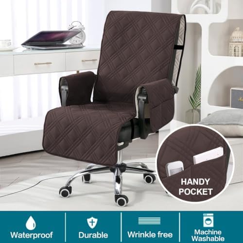 Turquoize Waterproof Office Chair Cover with Armrest Covers Computer Desk Chair Cover Office Chair Protector with Arms Office Chair Seat Cover Slipcover with Anti-Slip Buckle for Home Office,Chocolate