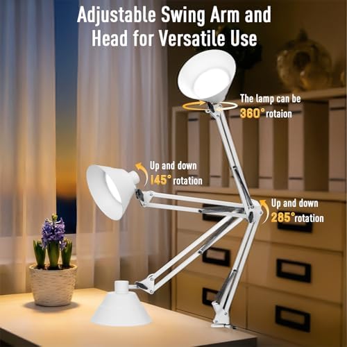 Led Desk Lamp for Home Office - Swing Arm Desk Lamp with Clamp - Architect Adjustable Gooseneck Table Lamp with 5 Color Modes & 10 Brightness for Reading Working Drafting (White)